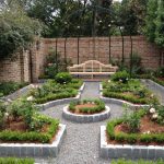 Wonderful Gardens Decorating Ideas with Pebble Pathway and Wooden Bench near Brick Wall