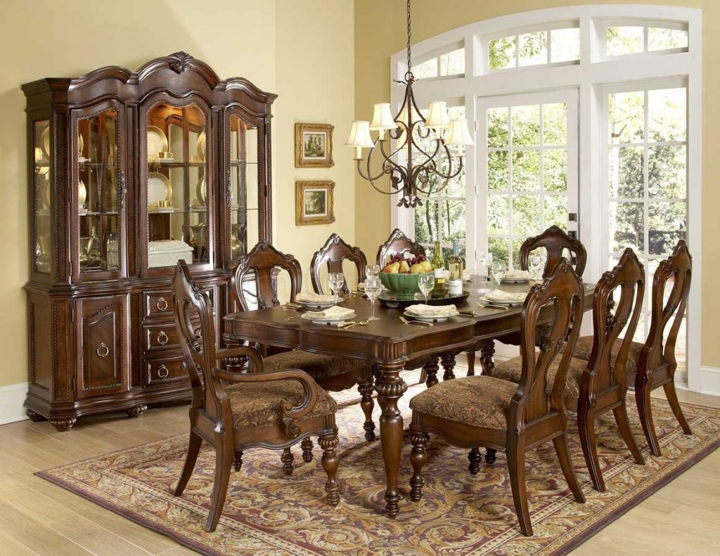 Adorable Wooden Furniture  Antique Dining Room Ideas with Nice Pednant Lamp and Glass Window