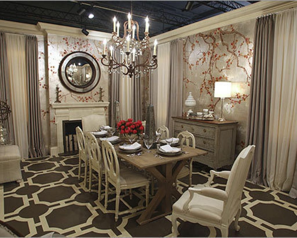 Alluring Accent Wallpaper in Antique Dining Room Ideas with Pednant Lamp and Cute Fireplace
