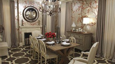 Alluring Accent Wallpaper in Antique Dining Room Ideas with Pednant Lamp and Cute Fireplace
