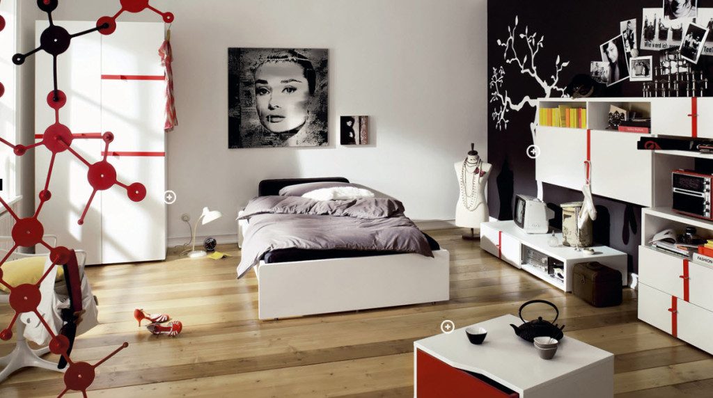 Alluring Black and White Sweet Teenage Cool Room Painting Ideas with Intense Red Accessory