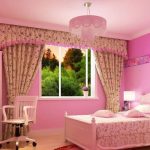 Alluring Furniture in Pink Beroom Desaign Ideas with White Bookselve near Large Preety Curtain