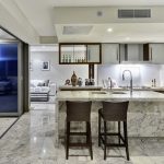 Alluring Sliding Door for Kitchen Dining Divider on Granite Floor under Chalk Ceiling