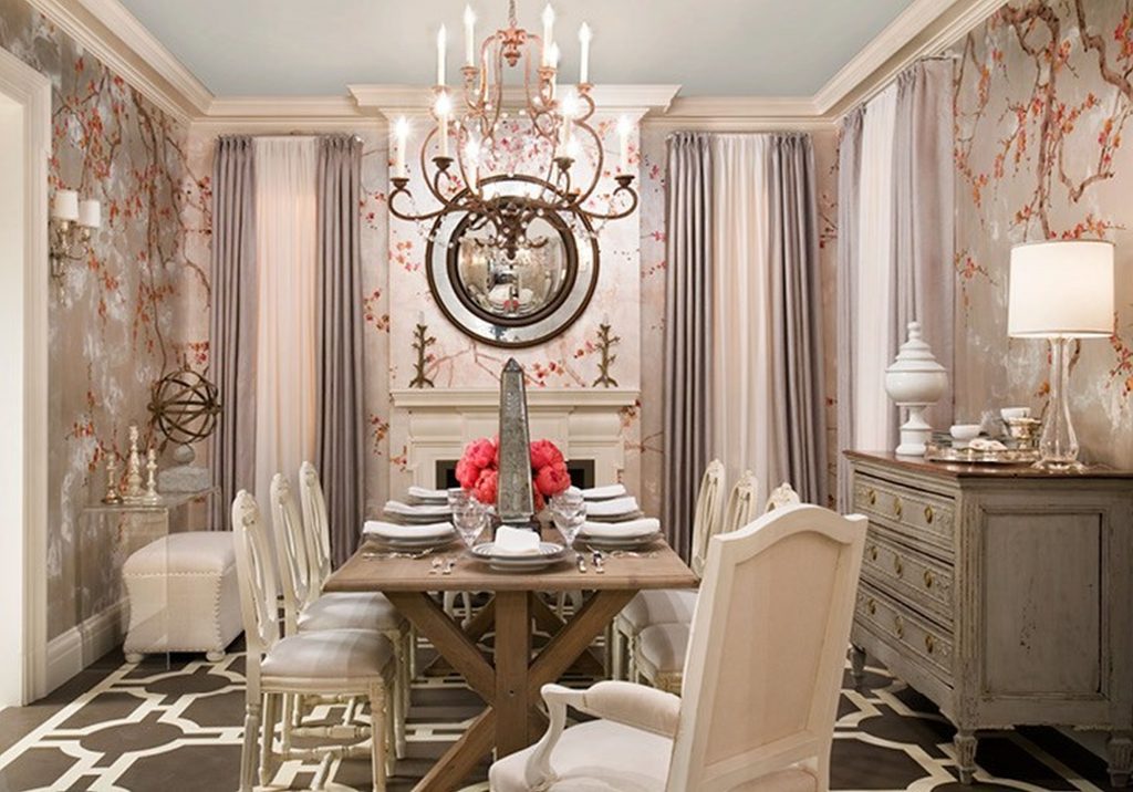 Alluring Wallpaper in Classic Dining Table Desaign with Pednant Lamp above White Sitting Area