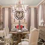 Alluring Wallpaper in Classic Dining Table Desaign with Pednant Lamp above White Sitting Area