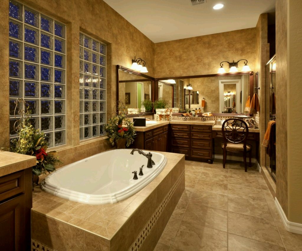 Appealing Brown Color in Luxury Bathroom Desaign with Big Mirror above Wooden Cabinet