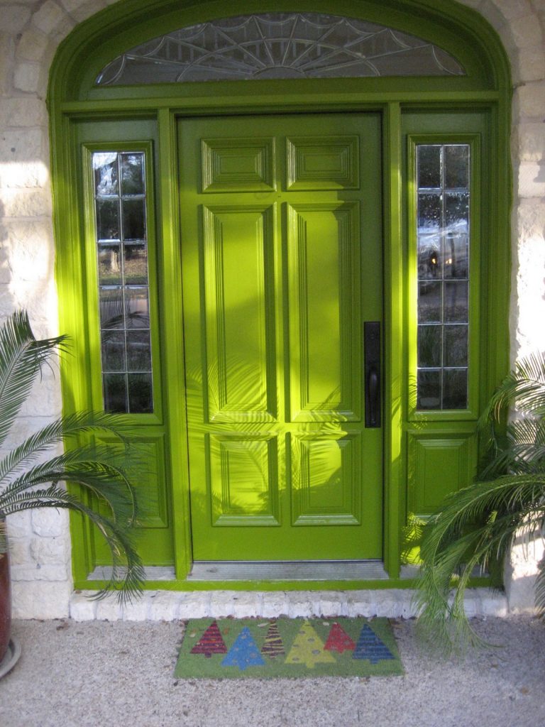 Appealing Desaign and Natural Green Door Color Ideas with Bright Long Glass Accent