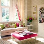 Beautifull Pink Accent in Romantic Living Room Ideas with  Big Bookselve and  Big Window