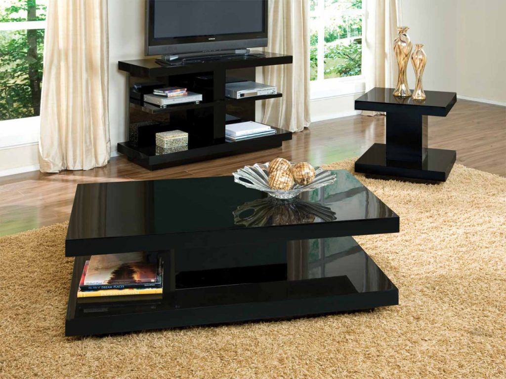 Best Design for Tables For Living Room with Sleeky Black Color on Pastel Carpet