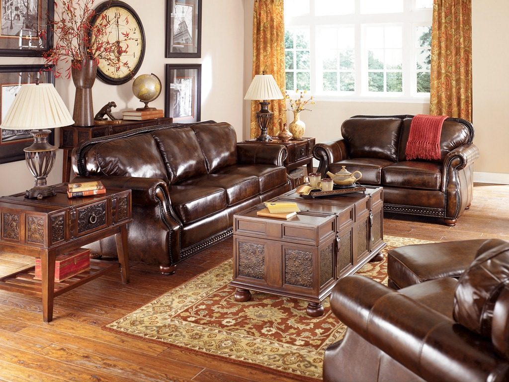 Big Sofa with Brown Color facing Wooden Table in Antique Living Room Ideas Picture