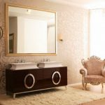 Classic Luxury Bathrooms Desaign Ideas with Cozy Chair near Wooden Vanity under Big  Square Mirror