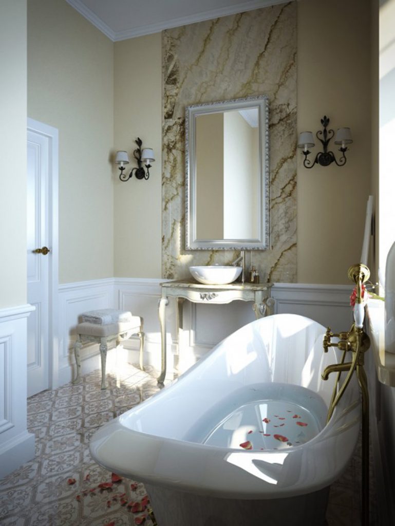 Comely Pure Bathub in Classic Luxury Bathrooms with Cute Mirror Between Pednant Lamp