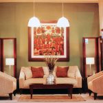 Exellent Lamplight for Romantic Living Room Ideas with Two Hanging Lamp and Big Artwork