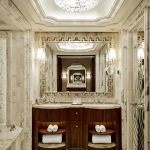 Fascinating Accent Granite Wall  Classic Luxury Bathrooms with Wooden  Vanity under Best Downlight