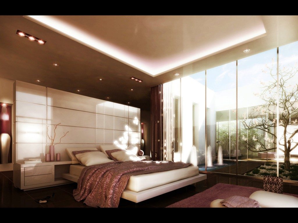 Fascinating Design and Modern Furniture in Romantic Bedroom Decorations with Large Glass Window