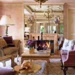 Fascinating Furniture Decoration in Romantic Living Room Ideas with Large Mirror close Modern Fireplace