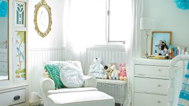 Glossy Pure Furniture with Blue Accessory in Antique Baby Room Ideas with Cozy Sofa
