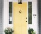 Glossy  Yellow Front Door Color Ideas with Long Galass Accent plus Preety Flower