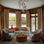 Great Pednant Lamp above Grey Sofa in Small Romantic Living Room Ideas with Brown Curtain