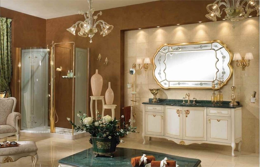 Impressive Furniture For Classic Luxury Bathroom with Cute Small Lamp and Unique Mirror