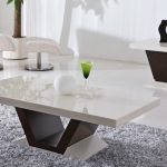 Intense Sleeky White Table For Living Room with Brown Color  on Large Grey Carpet