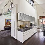 Modern Kitchen Dining Divider  Desaign Ideas with Big White Wall on Wooden Floor