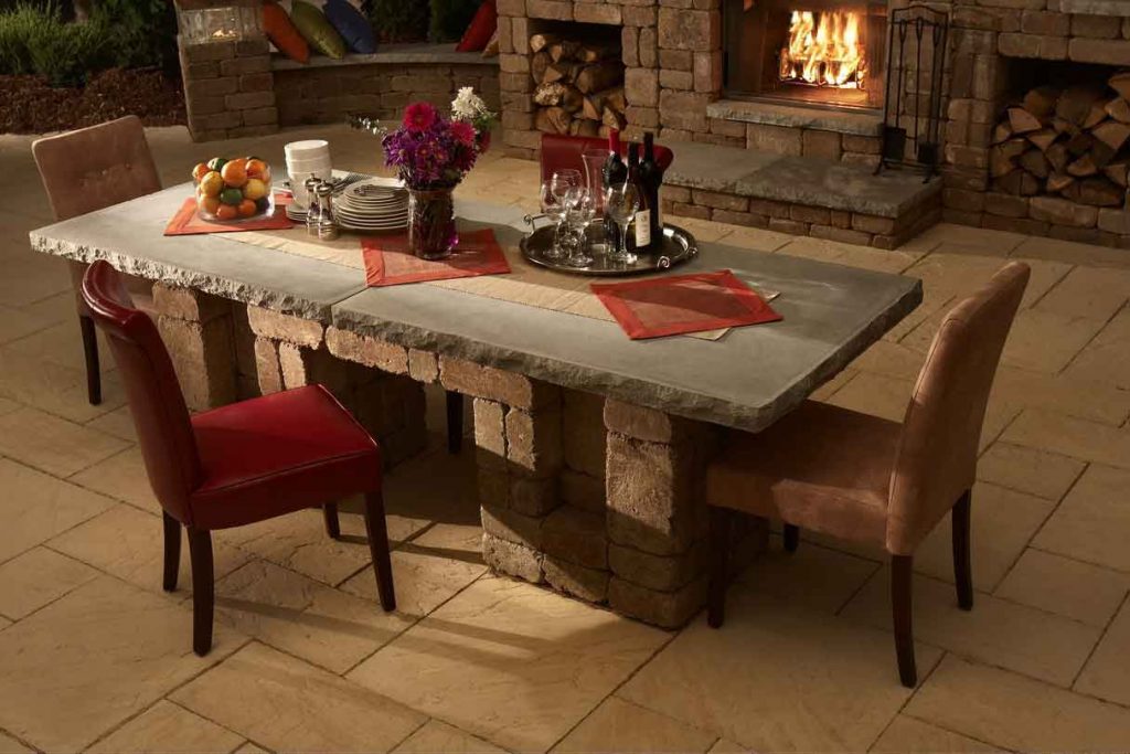 Natural Furniture with Brick Material in Classic Dining Table Desaigns and Simple Chic  Fireplace