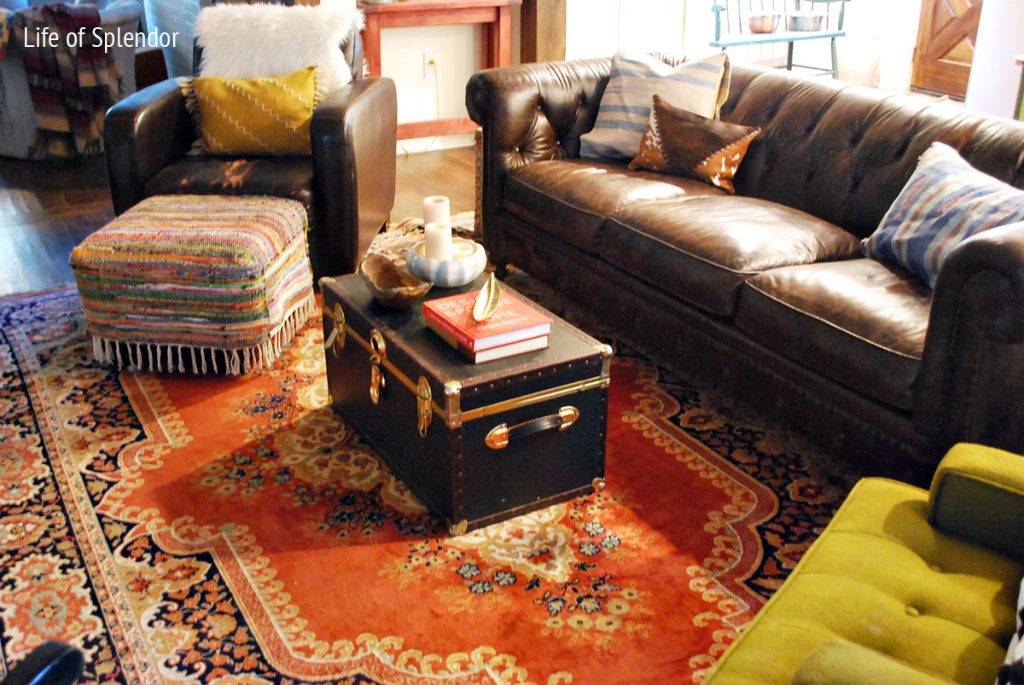 Pleasant Brown Sofa on Red Rug plus Black Crate in Persian Living Room Desaign