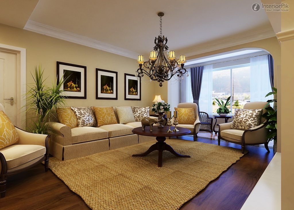 Romantic Linving Room Ideas with Cozy Sofa under Chic Hanging Lamp plus Wickerwork Carpet