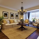 Romantic Linving Room Ideas with Cozy Sofa under Chic Hanging Lamp plus Wickerwork Carpet
