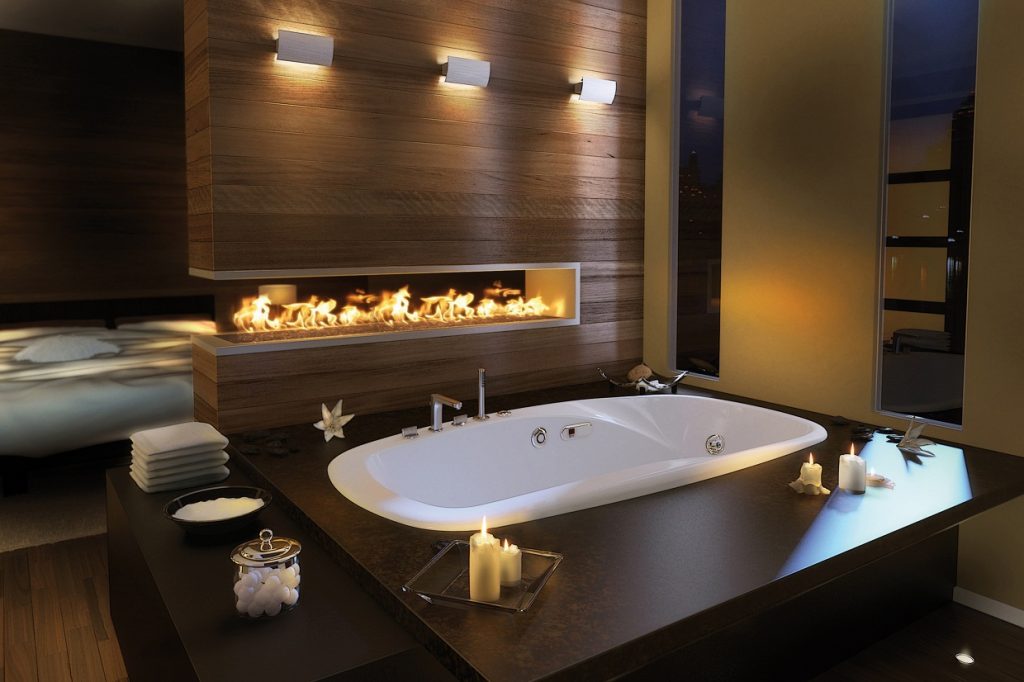Romantic Luxury Bathroom Desaigns with Modern Fireplace in Wooden Wall facing Best Bathub