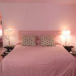 Simple Masterbed in Small Pink Bedroom Desaign Ideas with Pednant Lamp on Black Table