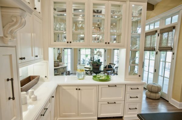 Adorable Kitchen Cabinet Glass Doors with Whiite Wooden Frames plus Knobs also Shiny Countertop