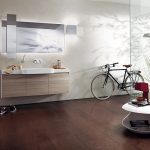 Adorable Modern Minimalist Bathroom Designs with Classic Bike side Wood Washbasin plus Simple Closet