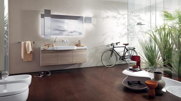 Adorable Modern Minimalist Bathroom Designs with Classic Bike side Wood Washbasin plus Simple Closet