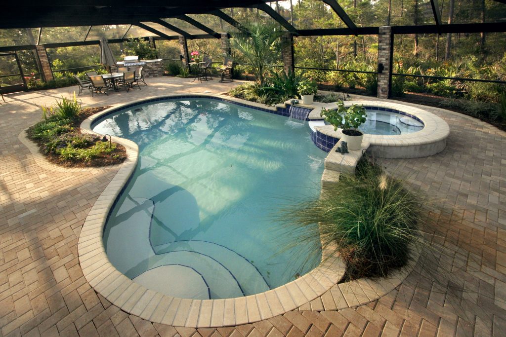 Alluring Patio Picture with Small Swimming Pool Design and Glass Fence  plus Brick Floor