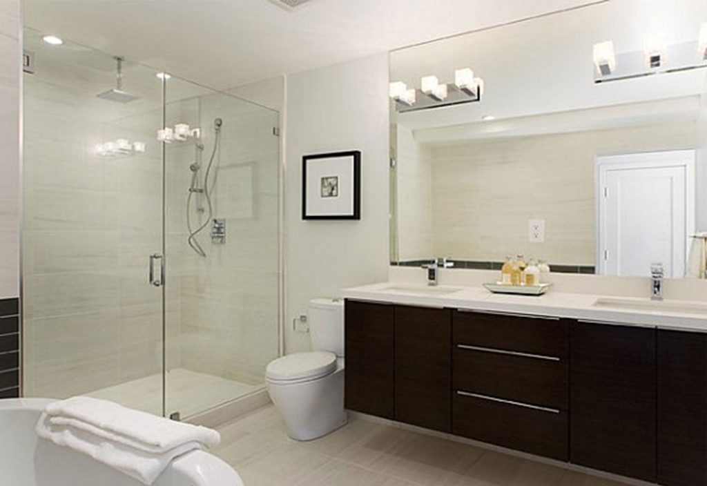 Alluring Pure Color in Bright Bathroom Ideas with Glass Door and Big Mirror