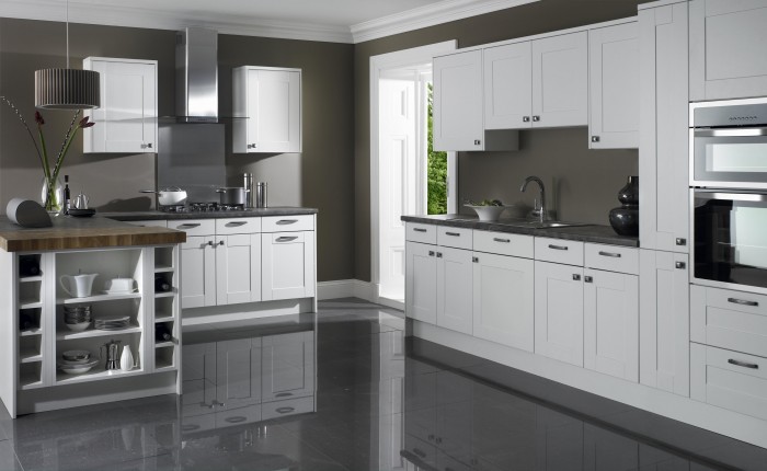 Amazing Furniture Decoration for White and Grey Kitchen with Big Cabinet inside Pure Door