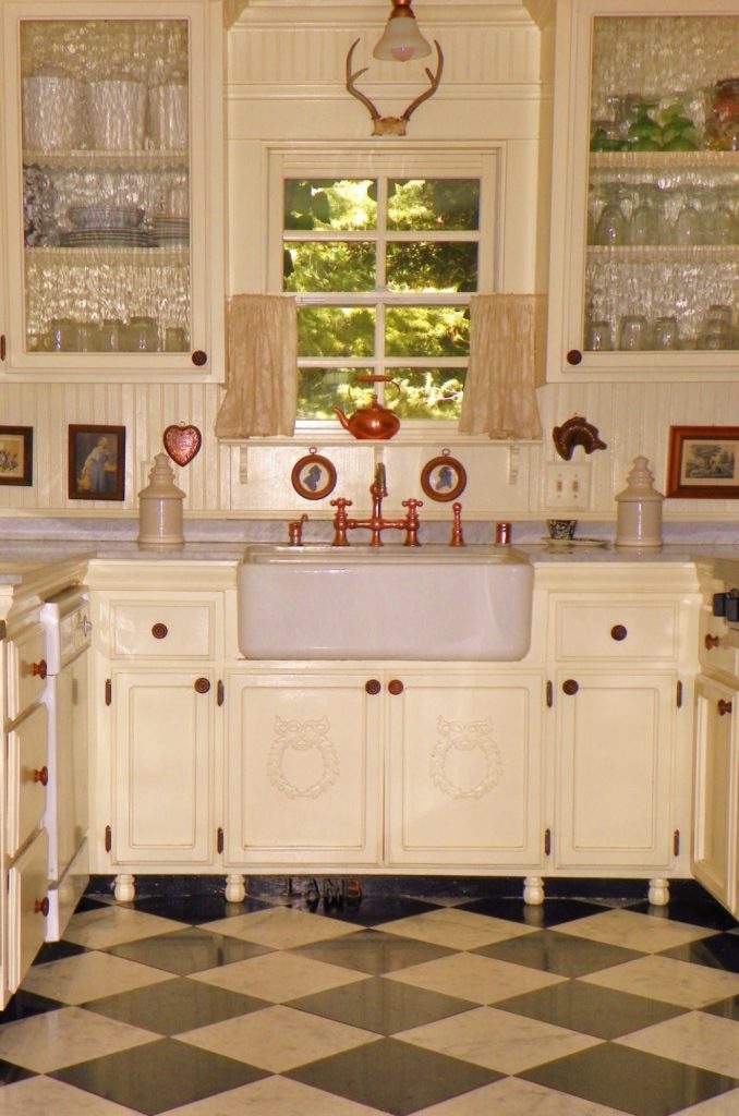 Amazing Furniture in Small Farmhouse Kitchen Design with White Cabinet on Best Tile Floor