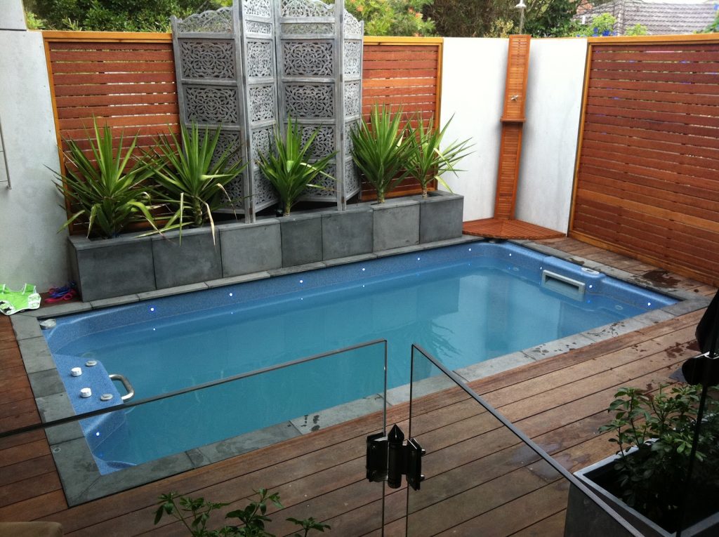 Appealing Backyard with Small Swimming Pool Designs with Wooden Fence plus Fresh Green Plant