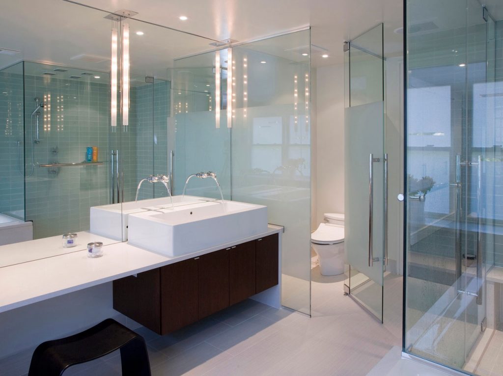 Appealing Decor for bright Bathroom Ideas with Glass Accent and Floating White Vanity