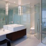 Appealing Decor for bright Bathroom Ideas with Glass Accent and Floating White Vanity