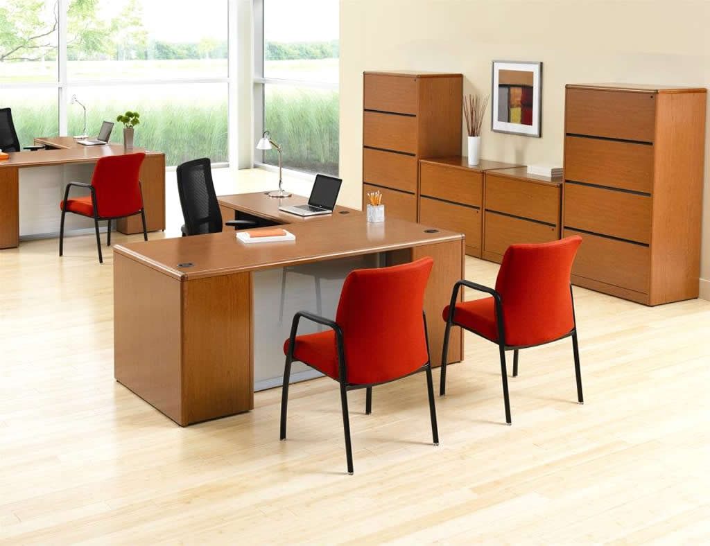 Appealing Decoration for Small Office Furniture Ideas with Wooden Table and Large Glass Window