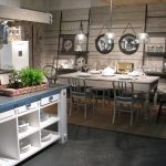 Attractive Metal Accent for Small Farmhouse Kitchen Design with Hanging Lamp plus Best Counter