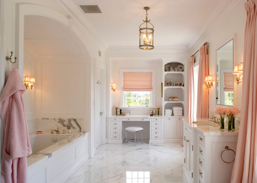 Awesome Accessory in Bright Bathroom Ideas with Pure White Color and Pinkish Accent
