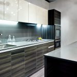 Awesome Design Decor for White and Grey Kitchen with Glossy Cabinet facing Sleeky Countertop