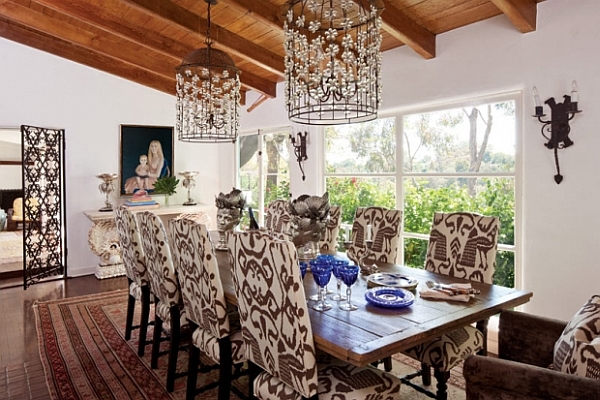 Awesome Wooden Table plus Luring Chairs with Floral Cover also Chic Chandelier as Antique Dining Room Ideas