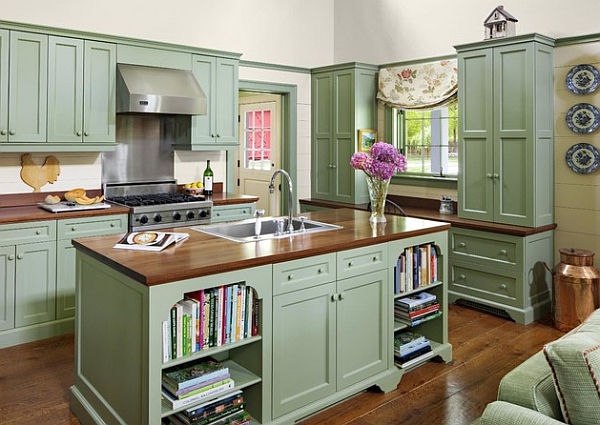 Beautiful Kitchen Cabinet Color Ideas with Book Shelf and Drawers plusLush Wooden Countertop
