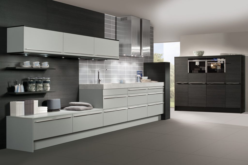 Beautiful Room with Grey Walls Kitchen Concept using Magnificent Cabinet and Mounted Wooden Shelf