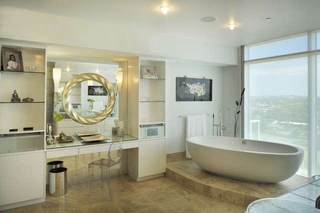 Best Interior with Large Bathtub also Racks plus Chair and Bathroom Mirrors Design Ideas